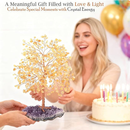 Gemstone Crystal Tree of Life,Natural Citrine(406 Stones Count) with Amethyst Cluster Base,Chakra Healing Crystals Positive Energy Fengshui Bonsai Money Tree Gift 8.5"-9"