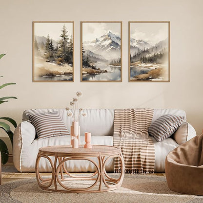 Ausril Watercolor Misty Mountain Framed Canvas Wall Art Set, Foggy Pine Tree Wall Decor, Winter Landscape Wall Painting, Nature Snowy Scene Art Print for Living Room, Bedroom, Office - 24"X36"X3