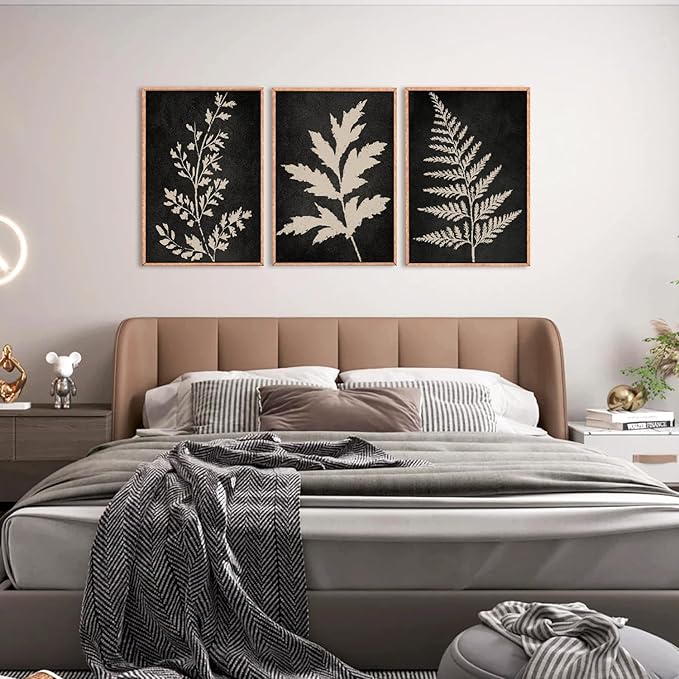 Ausril Black Tan Fern Leaf Framed Canvas Wall Art Set, Minimalist Botanical Wall Decor, Nature Fern Plant Silhouette Wall Painting, Modern Rustic Art Print for Living Room, Bedroom, Office -36"x24"x3