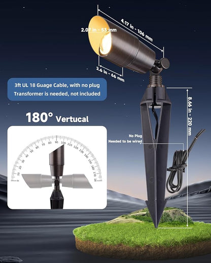 Brass Landscape Spotlights: Solid Brass Landscape Lights, Waterproof 12V Low Voltage Spot Lights with 5W MR16 LED Bulb (Warm White) for Garden, Patio, Lawn & Yard