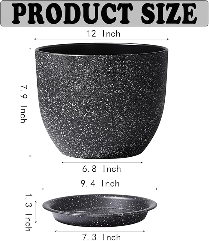 Flower Pots 12 Inch Set of 2, Plant Pots Pots for Indoor Plants, Planters for Outdoor Plants 12 Inch Pots for Plants with Drainage and Saucers, Speckled Black