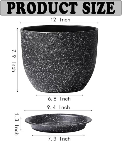 Flower Pots 12 Inch Set of 2, Plant Pots Pots for Indoor Plants, Planters for Outdoor Plants 12 Inch Pots for Plants with Drainage and Saucers, Speckled Black