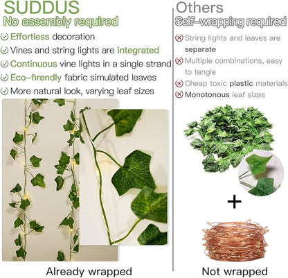 suddus Vine with Fairy Lights Battery Operated, 33ft 100 LED Ivy String Lights with Remote, Leaf Lights for Bedroom, Room, Wall, Garden, Party, Wedding Dorm Decor (Warm White)