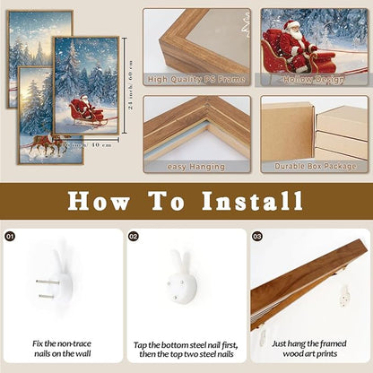 Framed Christmas Wall Art Santa Claus Wall Art Santa Winter Artwork for Living Room Bedroom Dining Room 16x24 Inches Set of 3