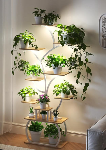 VINGLI 61" Tall White Plant Stand with Grow Light, 10-Tier LED Lighted Plant Shelf, Indoor Plant Rack with Full-Spectrum Grow Lights, Tree-Shaped Metal Plant Stand for Living Room, Balcony