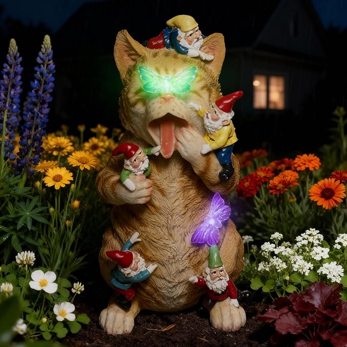 Solar Funny Garden Gnomes Kitty Figurine Colorful Gradent LED Lights Decorations for Yard Sculpture Outdoor Statue