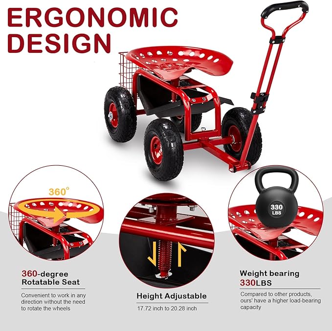 Outvita Garden Cart Rolling Workseat with Wheels, Gardening Stool with Adjustable 360 Degree Swivel Seat, Extendable Handle, Tool Tray & Storage Basket, Gardening Scooter for Yard, Planting, Red