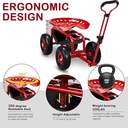 Outvita Garden Cart Rolling Workseat with Wheels, Gardening Stool with Adjustable 360 Degree Swivel Seat, Extendable Handle, Tool Tray & Storage Basket, Gardening Scooter for Yard, Planting, Red