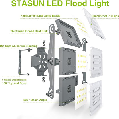 STASUN 2 Pack LED Flood Lights Outdoor, Max Series 150W 15000lm 6000K Daylight IP66 Waterproof, Commercial Parking Lot Lights, 3 Heads for Yard Street Stadium Outdoor Area Floodlight Security Light
