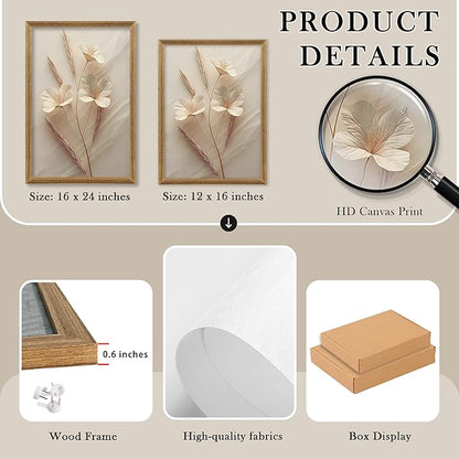 FYLDPSB 3Pcs Framed Neutral Beige Floral Canvas Wall art, Modern Simple Texture Plant Painting Wall Decor, Vintage Flower Poster Prints for Living Room Bedroom Farmhouse Ready to Hang 24''L x 16''W