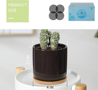 4 Inch Ceramic Cylinder Plant Pots with Drainage Holes and Saucers, Glazed Small Planter for Indoor Plants, Succulent, Cactus, Herbs, Multicolor, Set of 4 (Plant Not Included)