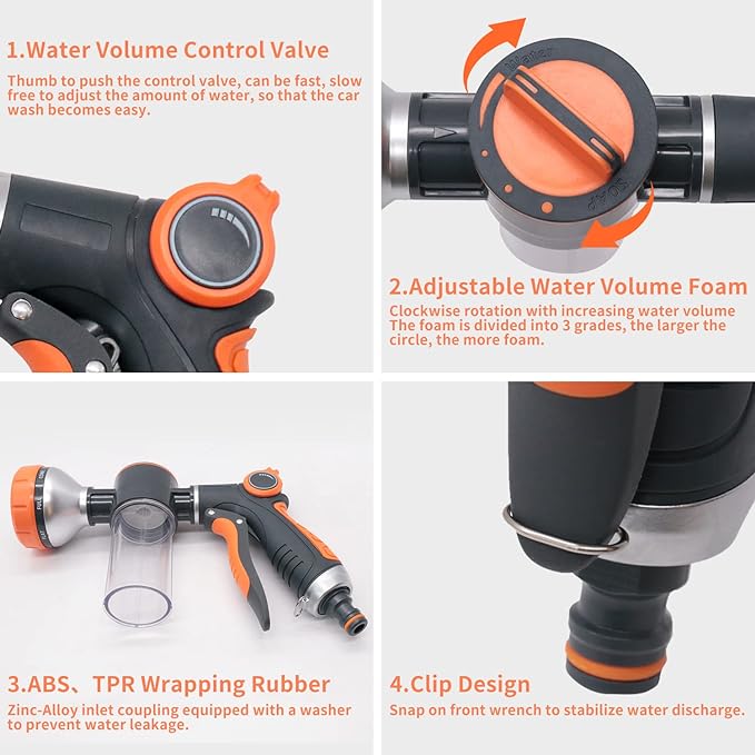 Garden Hose Nozzle,8 Patterns Hose Sprayer High Pressure,Heavy Duty Dog Wash,Metal Water Hose Nozzle with Soap Dispenser,Car Wash Foam Gun with A Car Wash Mitt