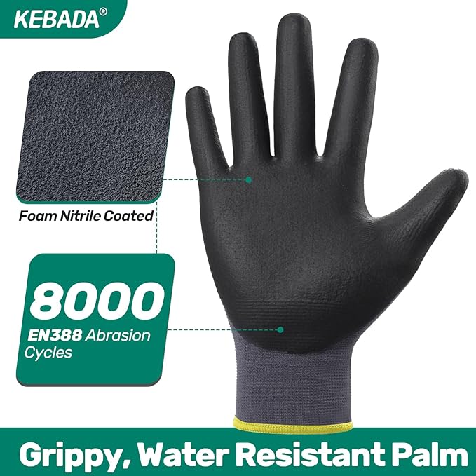 Kebada W5 Work Gloves Bulk Pack (60 Paris), Foam Nitrile Coated Working Gloves with Grip, Knitted with Spandex and Nylon, Ideal for Delivery, Warehouse, XS