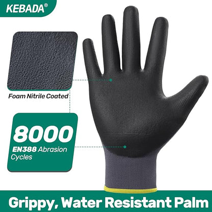 Kebada W5 Work Gloves Bulk Pack (60 Paris), Foam Nitrile Coated Working Gloves with Grip, Ultra Stretchable Spandex Knit Gloves for Gardening and Light Duty Mechanic Work, Medium (Made in Vietnam)