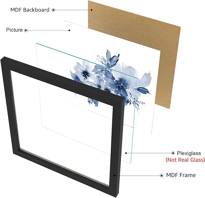 ArtbyHannah Framed Bathroom Wall Decor, Navy Blue Wall Art with Black Frame and Watercolor Floral Prints Pictures for Kitchen Bedroom Home Decorations (4 Pack, 10x10 Inch)