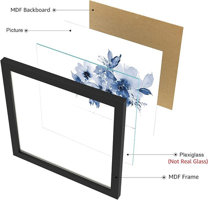 ArtbyHannah Framed Bathroom Wall Decor, Navy Blue Wall Art with Black Frame and Watercolor Floral Prints Pictures for Kitchen Bedroom Home Decorations (4 Pack, 10x10 Inch)
