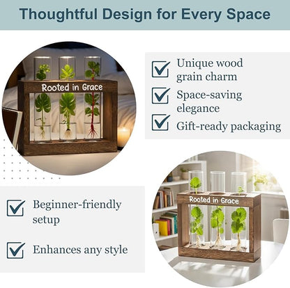 Rooted in Grace Propagation Station – Wooden Plant Holder with 3 Glass Vases, Indoor Rooting Station for Cuttings, Christian-Inspired Gift for Women, Birthday, Housewarming, Plant Lover Décor