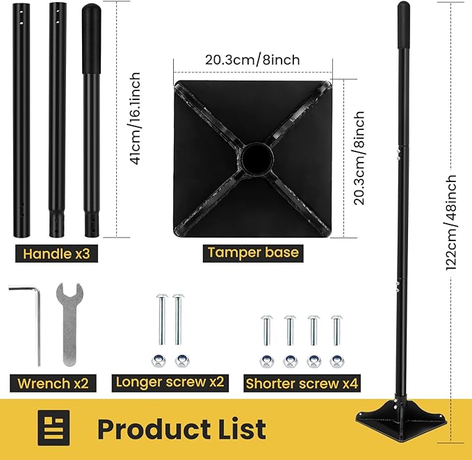 Ground Tamper Tool, 8"X8" Steel Tamper, Heavy Duty Hand Soil Tamper Tool with 48 Inch Handle for Leveling Soil, Installing Paving Stones, Gravel, Asphalt, Sand, and Repairing Pavement