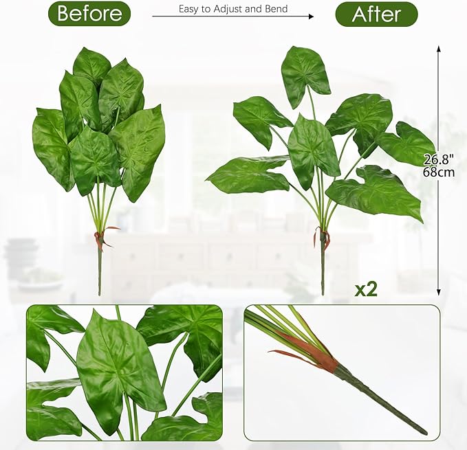 Hollyone 2PCS Artificial Calla Lily Leaves Plants 26.8" Fake Tropical Alocasia Bush Tree Large Faux Greenery Stem Shrubs for Indoor Outdoor Home Garden Arrangement Jungle Safari Wedding Party Decor