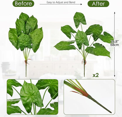 Hollyone 2PCS Artificial Calla Lily Leaves Plants 26.8" Fake Tropical Alocasia Bush Tree Large Faux Greenery Stem Shrubs for Indoor Outdoor Home Garden Arrangement Jungle Safari Wedding Party Decor