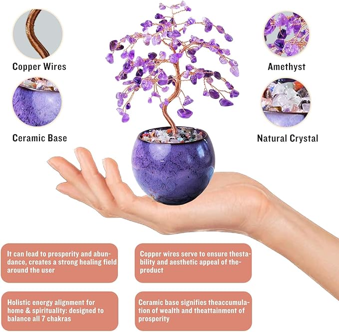 Runyangshi Amethyst Crystal Tree of Life - 8" Large Natural Chakra Healing Crystal Tree, Bringing Money, Good Luck, Positive Energy for Home Decor, Feng Shui Gifts, Office Desk Ornament