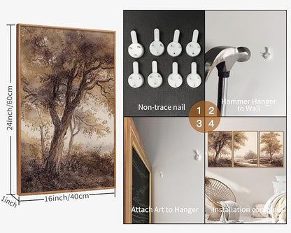 Rantodecor Vintage Landscape Framed Canvas Wall Art Triptych, Rustic Tree Sketch Wall Decor, Large Claming Nature Forest Art Paintings, Modern Relax Farmhouse Artwork for Bedroom Living Room 16"x24"x3
