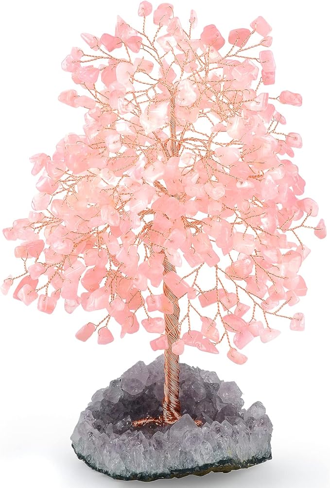 Gemstone Crystal Tree of Life,Natural Rose Quartz(406 Stones Count) with Amethyst Cluster Base,Chakra Positive Energy Feng Shui Decor Bonsai Money Tree,Birthday Gift 8.5''-9''
