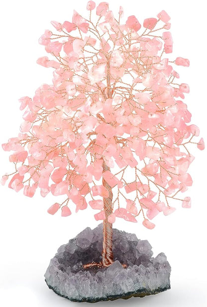 Gemstone Crystal Tree of Life,Natural Rose Quartz(406 Stones Count) with Amethyst Cluster Base,Chakra Positive Energy Feng Shui Decor Bonsai Money Tree,Birthday Gift 8.5''-9''