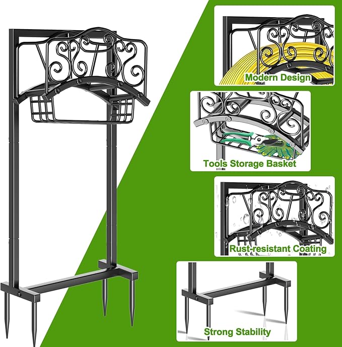 Garden Hose Holder - Upgraded Water Hose Holder Holds, Heavy Duty Metal Freestanding Hose Stand Sturdy, Detachable Garden Hoses Storage Rack for Outside Yard Lawn (Black)