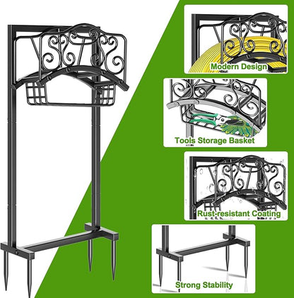 Garden Hose Holder - Upgraded Water Hose Holder Holds, Heavy Duty Metal Freestanding Hose Stand Sturdy, Detachable Garden Hoses Storage Rack for Outside Yard Lawn (Black)