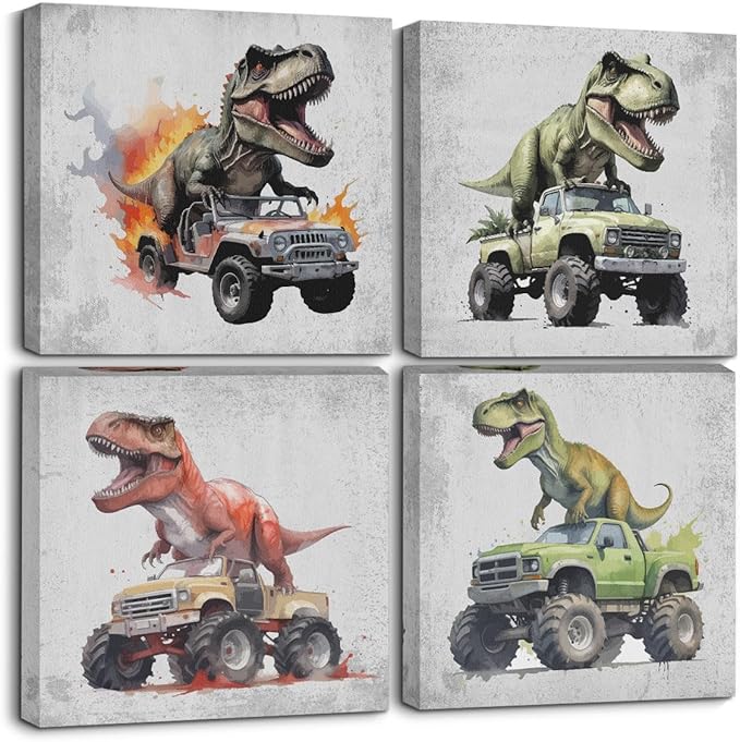 4 Pcs Dinosaur Canvas Wall Art Framed Dinosaurs Art Posters Retro Pictures Wall Decor Dinosaur Room Decor for Boys Canvas Decoration Artwork for Walls Home Living Room Bedroom Office