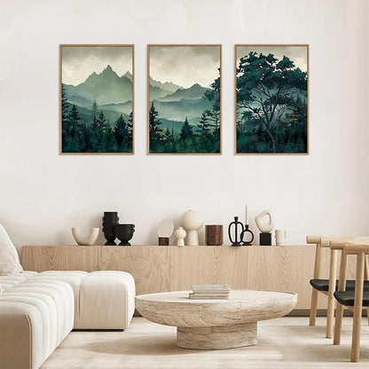 HLNIUC Green Foggy Forest Framed Canvas Wall Art Set,Watercolor Boho Pine Tree Wall Decor,Modern Misty Mountain Scenery Art Print,Nature Landscape Wall Painting for Living Room,Bedroom - 16”x24”x3