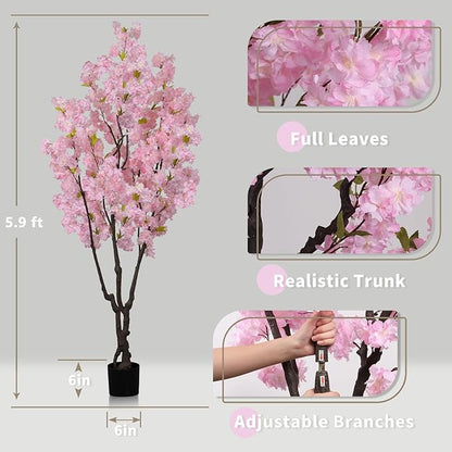 5.9ft Tall Pink Artificial Cherry Blossom Tree, Realistic Handmade Silk Leaves Sakura Plant, Fake Lifelike Cherry Blossom Tree for Home Office Indoor Outdoor Party Wedding Christmas Decor