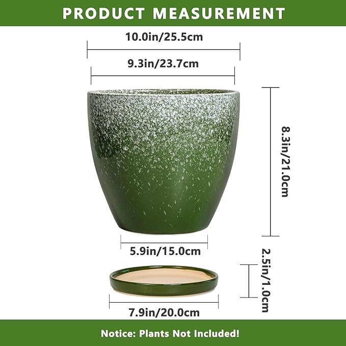 10 Inch Plant Pot - Ceramic Planters for Indoor Plants Outdoor, Large Planter with Drainage Hole and Saucer, Decorative Round Flower Pots, Garden House Decor, Gifts for Plant Lovers, Green