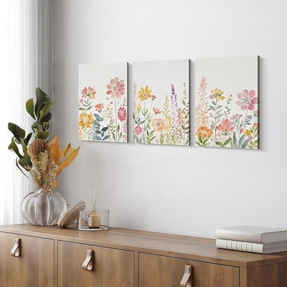 Framed Watercolor Wildflowers Canvas Wall Art Colorful Floral Poster Picture Vintage Country Painting Nature Landscape Modern Home Print Living Room Gallery Office Ready to Hang 16x24 Inch x3
