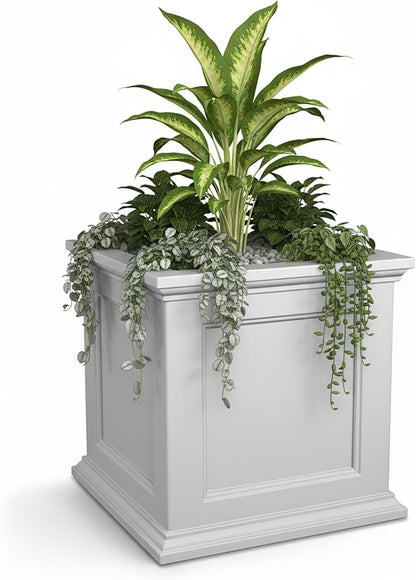 Mayne Fairview Self Watering Planter Box - 20 Inch Large Square, Classic Inset Panels, New England Architecture, Double Wall, UV & Weather Resistant for Indoor and Outdoor Use, White
