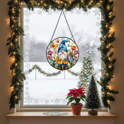 Stained Glass Window Hanging, Gnome in Garden Sun Catcher for Indoor Window Decoration with Flowers & Butterflies, Stained Glass Home Decor Gift for Women and Men G34 (7.9'')