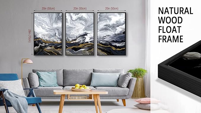 Large Framed Modern Wall Art - Abstract Landscape Cloudy Mountain Wall Decor 20"x28" Set of 3 Contemporary Grey Dark Painting Prints Marble Canvas Pictures for Living Room Bedroom Office Artwork
