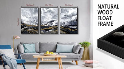 Large Framed Modern Wall Art - Abstract Landscape Cloudy Mountain Wall Decor 20"x28" Set of 3 Contemporary Grey Dark Painting Prints Marble Canvas Pictures for Living Room Bedroom Office Artwork