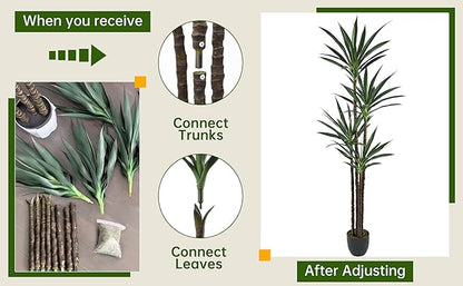 Artificial Agave Tree 6FT with 60 Leaves & 4 Trunks & Elegant Black Pot Realistic Tall Large Fake Faux Modern Tree 72 Inch for Indoor Home Office Porch Store Corner Decor Housewarming Gift
