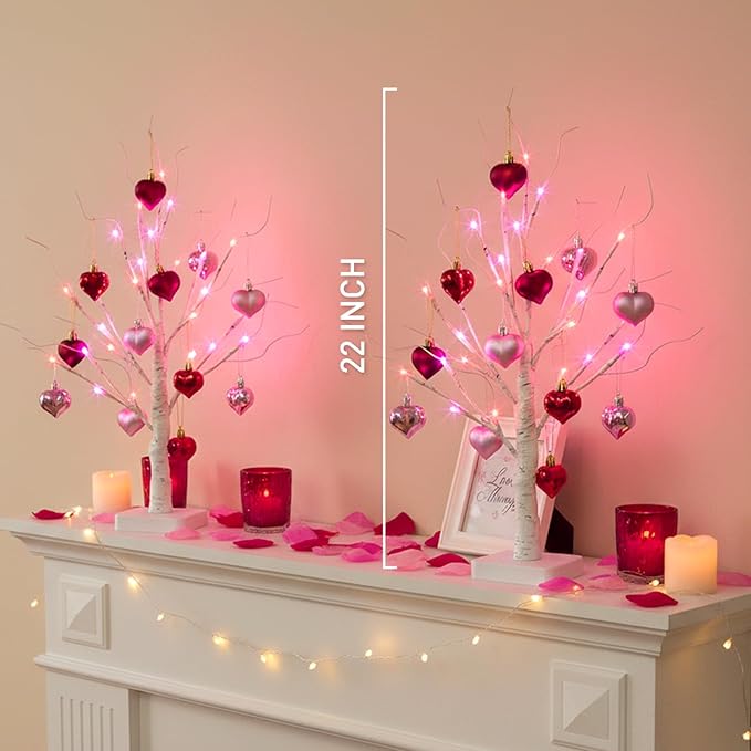 Valentines Day Decorations 2Pack Birch Tree with Hanging Heart-Shaped Ornaments, Lighted Artificial Trees with 24 LED Pink&Red Lights, Light Up Twig Tabletop Battery Operated for Home Indoor Table