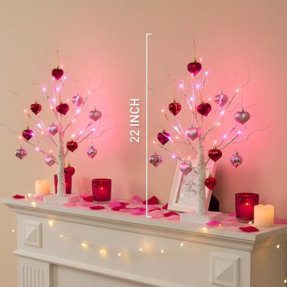 Valentines Day Decorations 2Pack Birch Tree with Hanging Heart-Shaped Ornaments, Lighted Artificial Trees with 24 LED Pink&Red Lights, Light Up Twig Tabletop Battery Operated for Home Indoor Table