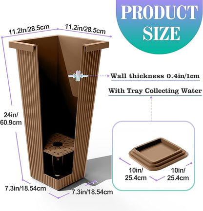 24 Inch Tall Tapered Square Planters (Set of 2) - Indoor Outdoor Large Flower Pots with Built-in Drainage & Matching Water Tray for Patio, Garden, Home - Brown