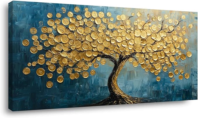 Modern Art Golden Lucky Tree Money Tree Canvas Wall Art Gold Tree of Life Painting Canvas Art Good Luck Money And Wealth Picture Stunning Poster Decorative for Home, Office & Hotel Lobbies, Ready to Hang (30x60 Inches)