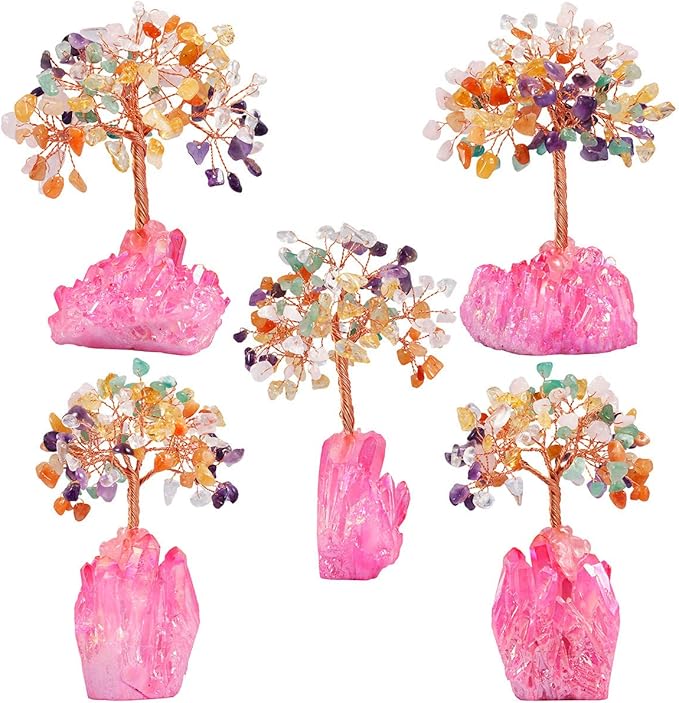 mookaitedecor Colorful Crystal Tree, Quartz Cluster Fuchsia Titanium Crystals Base Bonsai Money Tree for Wealth and Luck