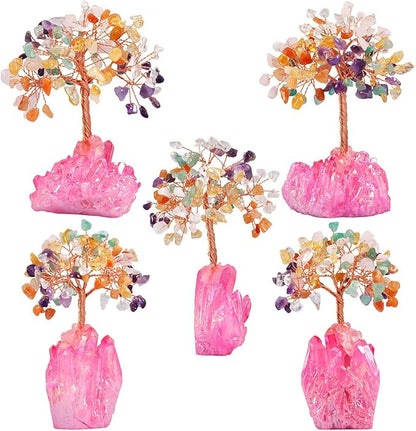 mookaitedecor Colorful Crystal Tree, Quartz Cluster Fuchsia Titanium Crystals Base Bonsai Money Tree for Wealth and Luck