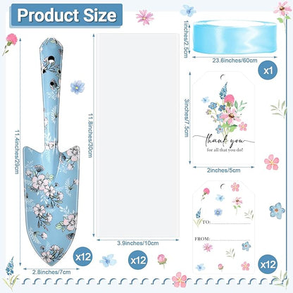 Capoda 12 Sets Floral Garden Shovels Bulk Gardening Gift for Women Garden Tools Floral Hand Heavy Duty Christmas Trowels Thank You Cards with Bags for Mom Gift Birthday Teacher(Blue,Bright)
