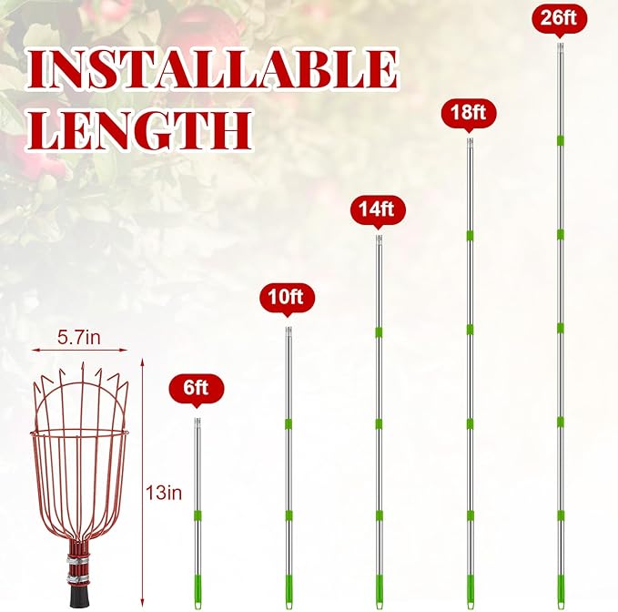 26ft Adjustable Fruit Picker Pole with Basket Long Handle with Storage Bag and Gloves Fruit Picker Equipment for Lemons Apples Avocados Picking (Red)