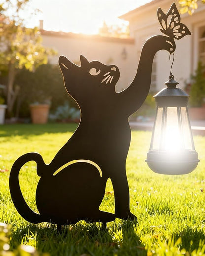 Christmas Black Cat Solar Lights Outdoor - Cat Lover Gifts for Mom Woman Grandma,Garden Stake with Butterfly Decorative Metal Housewarming Ornament for Yard Pathway Lawn Patio