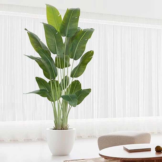 Artificial Bird of Paradise Plant 7.5Ft Tall Fake Tropical Palm Tree Large Fake Plants with 18 Silk Banana Leaves Faux Plant Indoor Decor Trees White Pot for Home Bedroom Living Room Office 2pcs